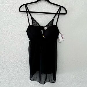 NWT Jessica Simpson Black Lace‎ Sheer Babydoll Teddy Thong Lingerie Size Small